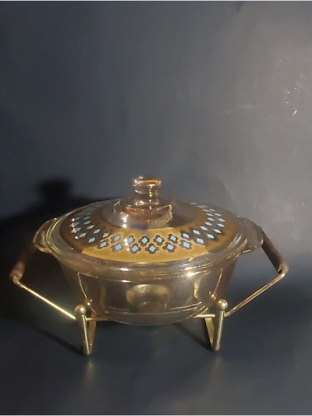Vintage Fire King Georges Briard Gold & Teal Decorative Glass Casserole Dish MCM